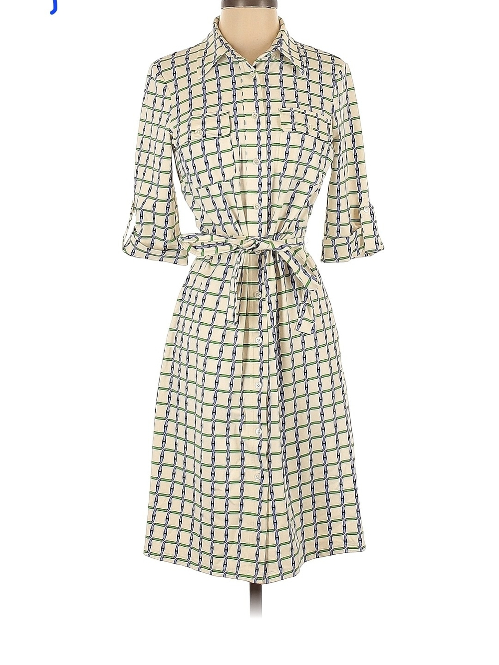 J. McLaughlin Cream Geometric Midi Shirt Dress with Tie Waist